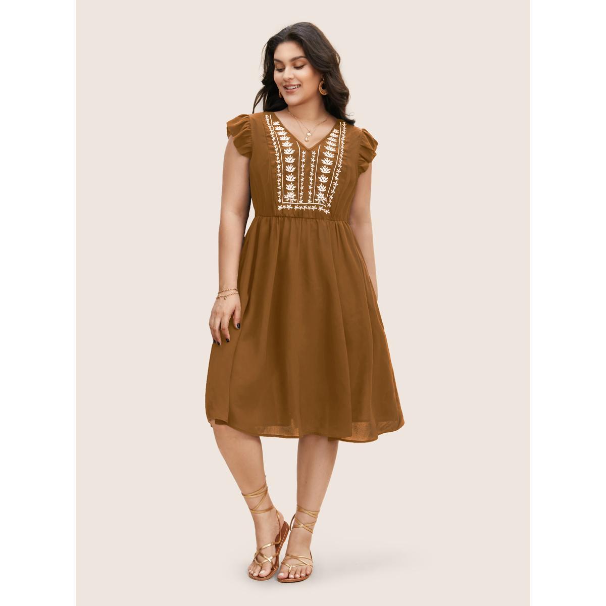 Plus Size Floral Embroidered V Neck Ruffle Cap Sleeve Dress Yellowishbrown Women Resort Embroidered V-neck Cap Sleeve Curvy BloomChic 12/L Product Image