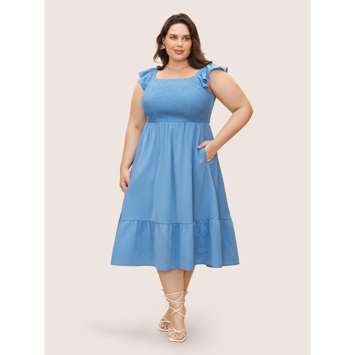 Plus Size Square Neck Solid Ruffles Shirred Dress LightBlue Women Elegant Shirred Square Neck Cap Sleeve Curvy BloomChic 12/L Product Image