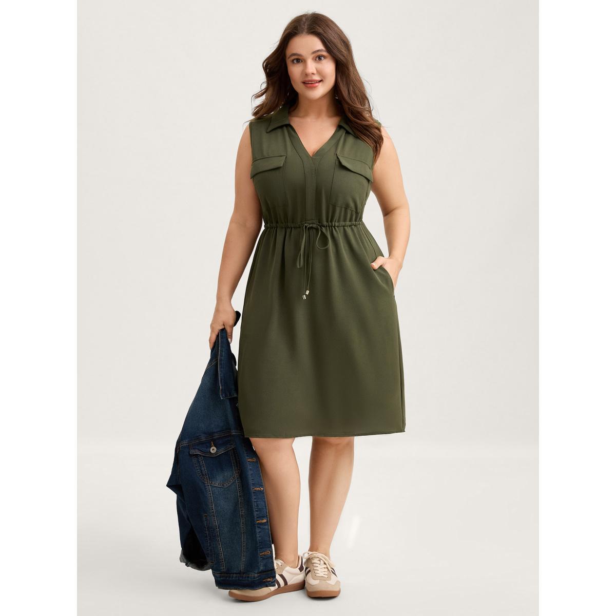 Plus Size Waist Drawstring Pockets Solid Midi Dress ArmyGreen Women Drawstring Polo Sleeveless Curvy BloomChic 12/L Product Image