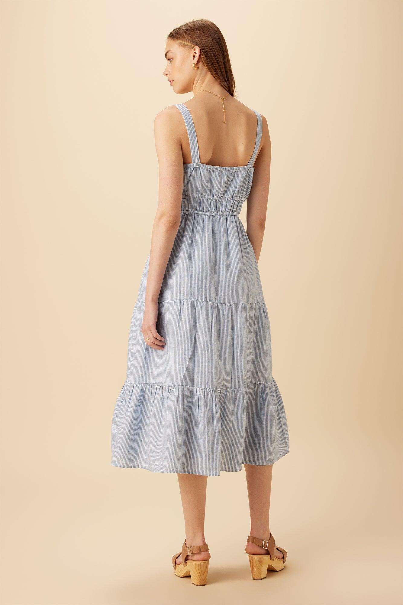Elio Linen Midi Dress - Blue Natural Stripe - ReAmour Product Image