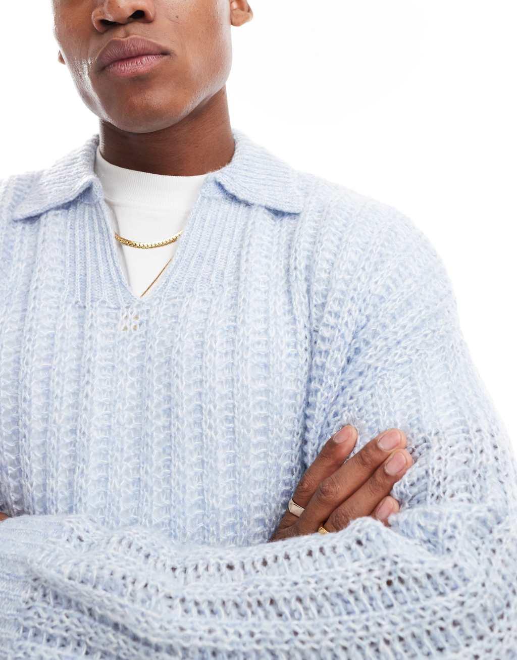 ASOS DESIGN oversized open knit brushed rib notch neck sweater in light blue Product Image
