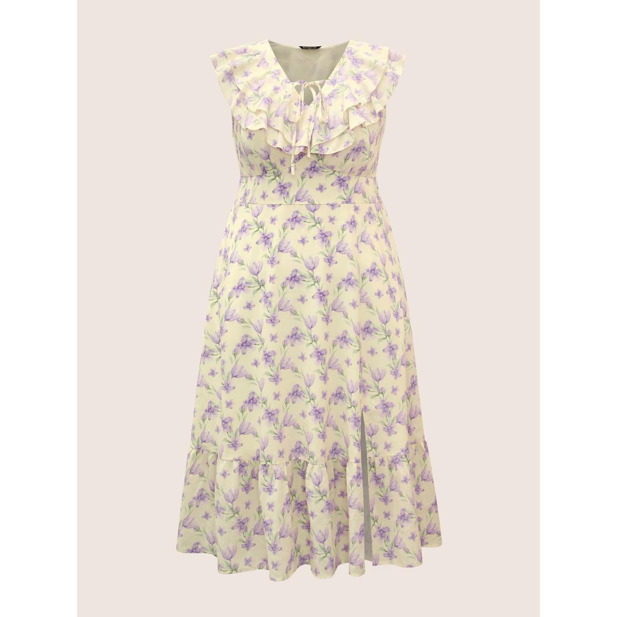 Plus Size Floral Ruffles Shirred Sleeveless Midi Dress Apricot Women Elegant Cross straps V-neck Sleeveless Curvy BloomChic 26/4X Product Image