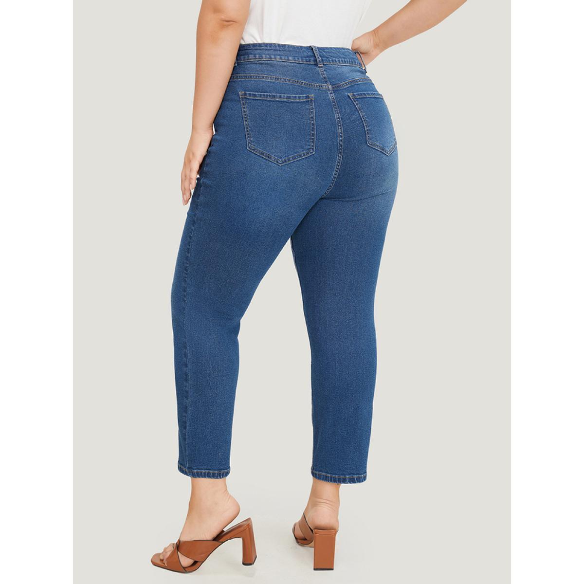 Plus Size Very Stretchy Pocket High Rise Patchwork Jeans Women Blue Casual Plain Embroidered High stretch Pocket Jeans BloomChic 30/6X Product Image