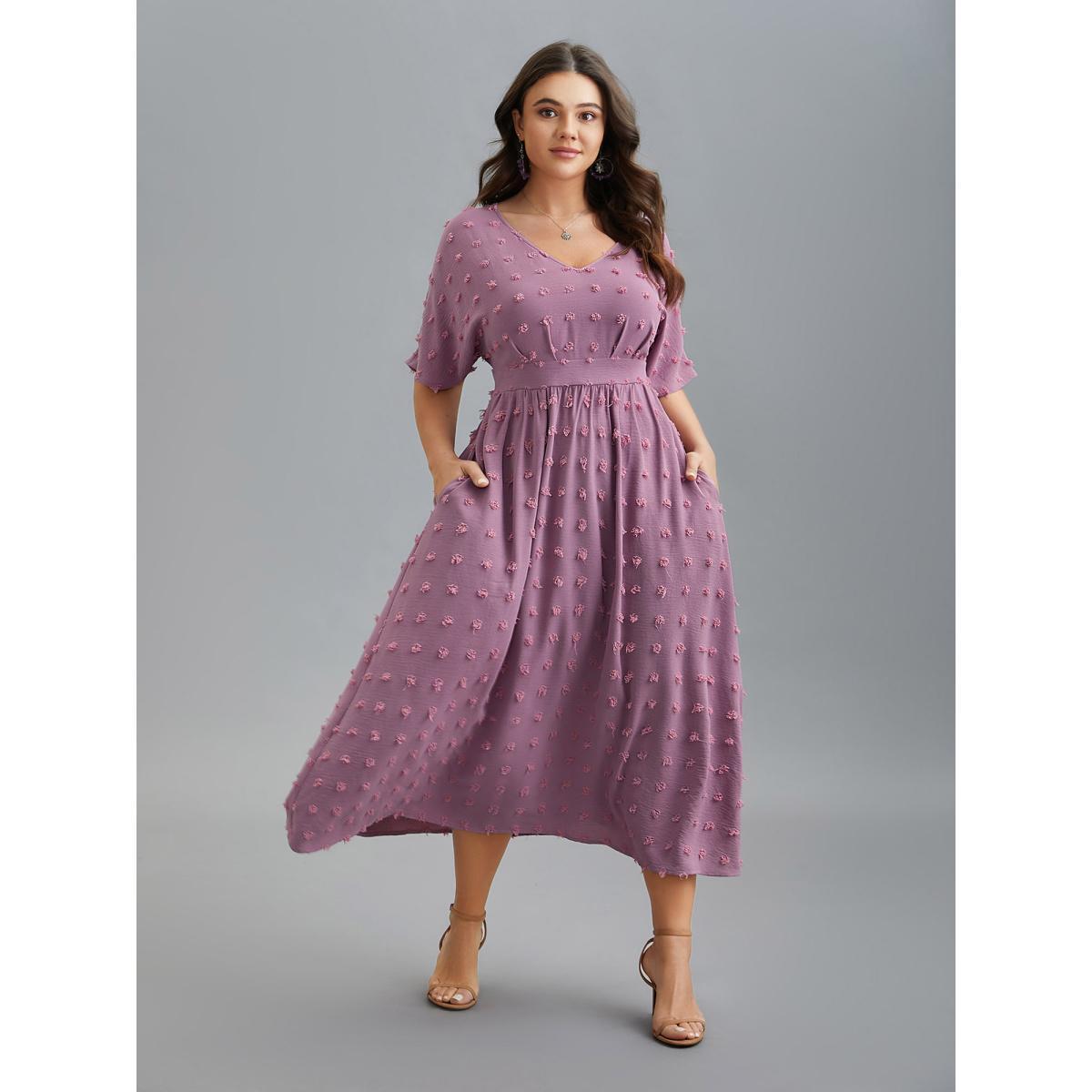 Plus Size V-Neck Textured Batwing Sleeve Midi Dress Lilac Women Resort Texture V-neck Half Sleeve Curvy BloomChic 30/6X Product Image