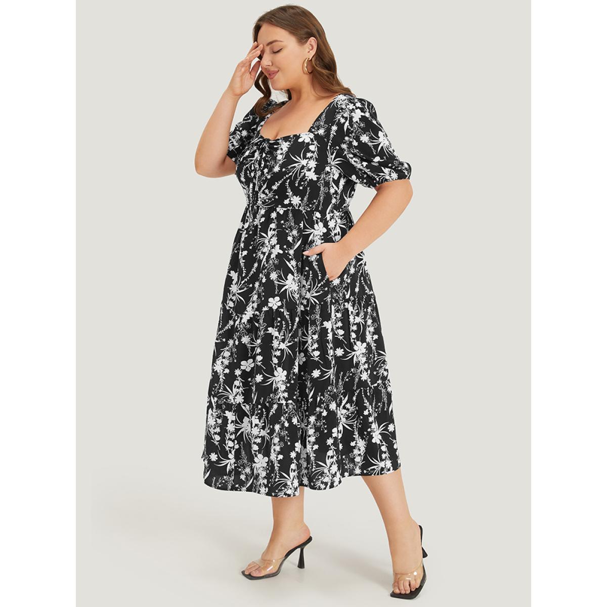 Plus Size Floral Puff Sleeve Pocket Ruched Drawstring Ruffle Dress BlackFlower Women Elegant Lined Square Neck Short sleeve Curvy Midi Dress BloomChic 12/L Product Image