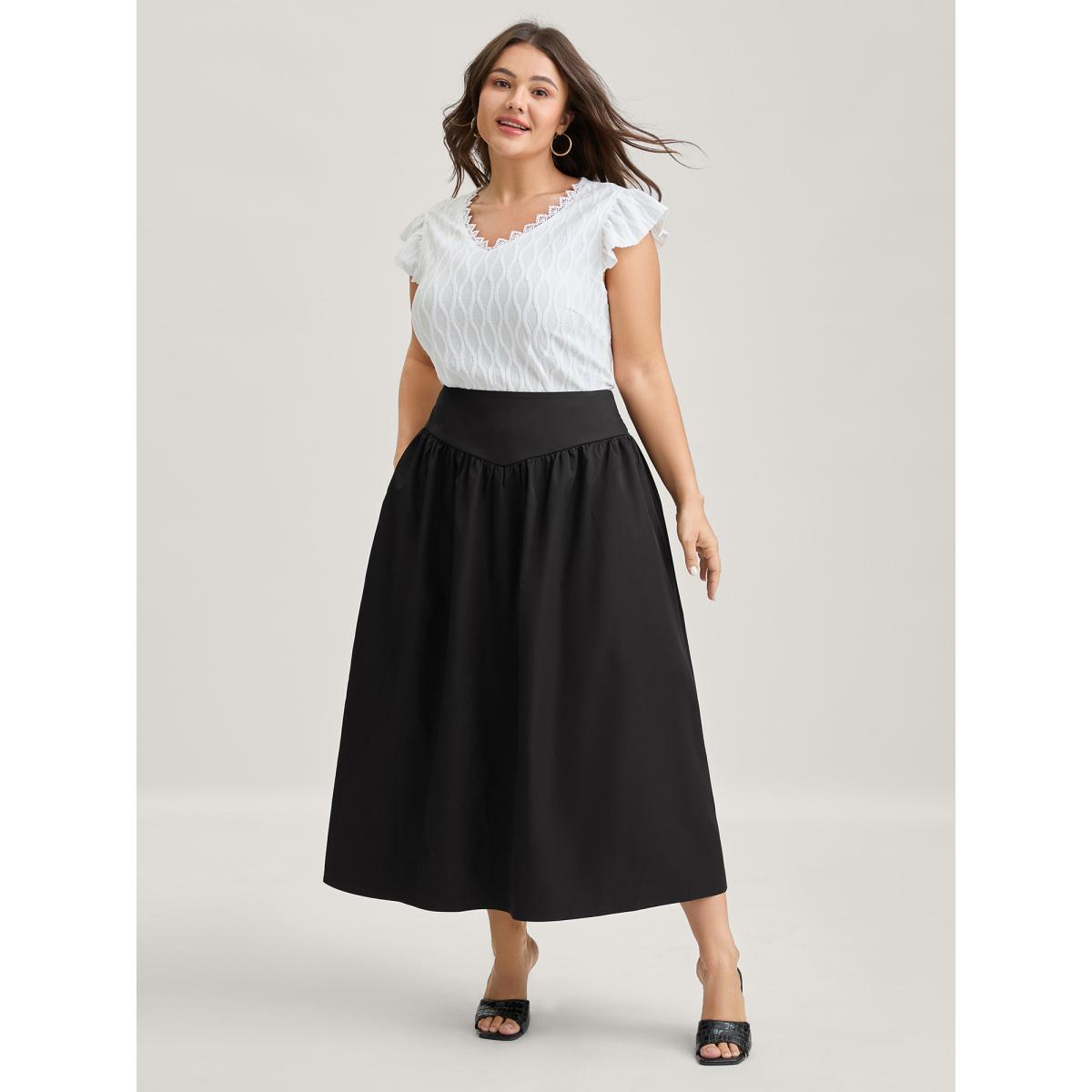 Plus Size Wide Cinched-Waist Solid Midi Skirt Women Black Gathered Low stretch Side seam pocket Everyday-Elegant Skirts BloomChic 26/4X Product Image