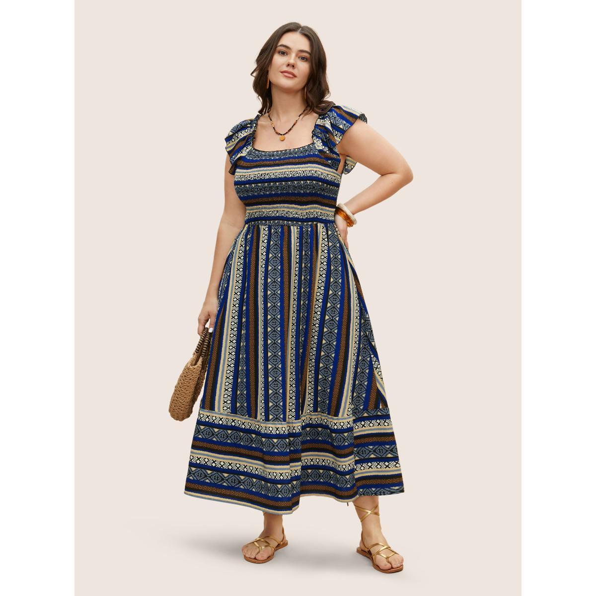 Plus Size Bandana Striped Shirred Ruffle Trim Dress Mediumblue Women Resort Shirred Square Neck Cap Sleeve Curvy BloomChic 28/5X Product Image