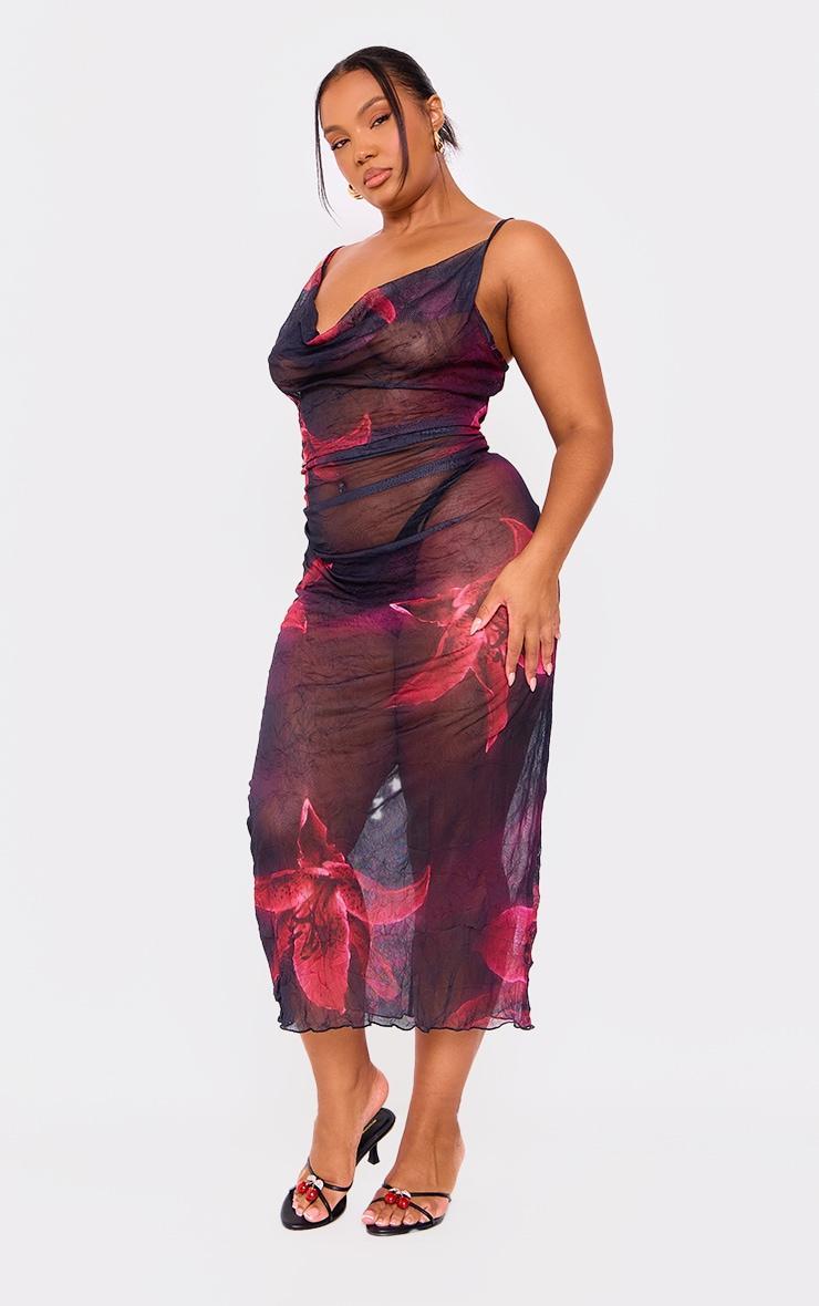 Plus Dark Purple Large Floral Print Crinkle Mesh Cowl Neck Midi Dress Product Image