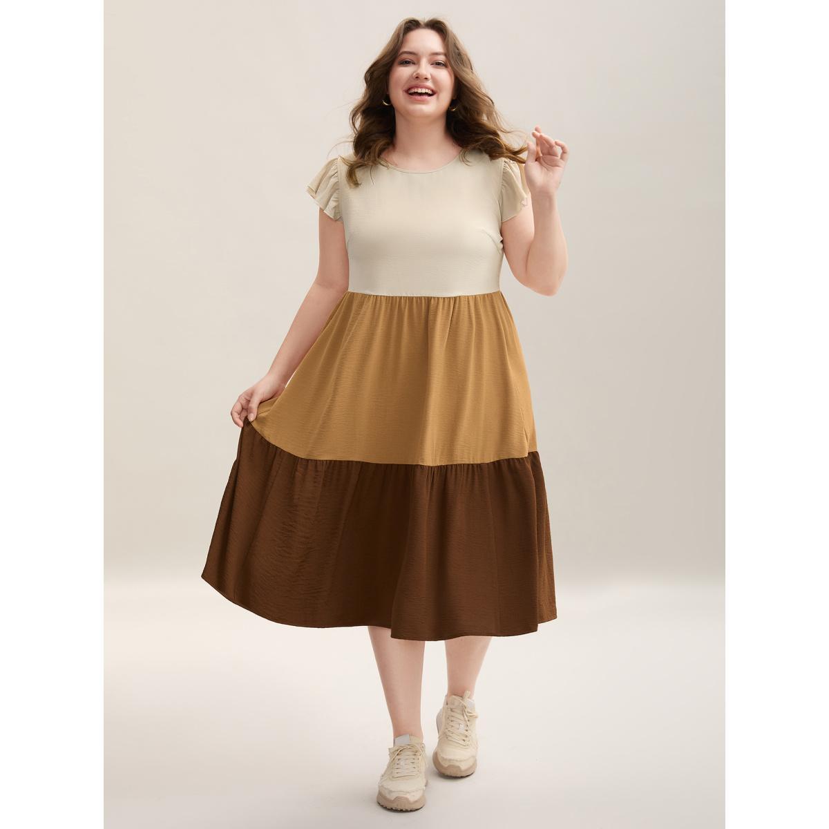 Plus Size Color Block Ruffled Sleeve Tiered Midi Dress LightBrown Women Casual Contrast Round Neck Cap Sleeve Curvy BloomChic 30/6X Product Image