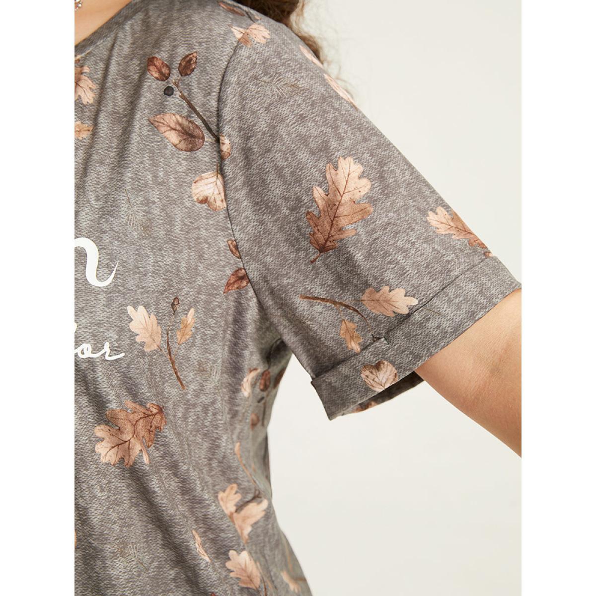 Plus Size Halloween Letter & Plant Print Cuffed Sleeve T-shirt Gray Women Casual Printed Positive slogan Round Neck Festival-Halloween T-shirts BloomChic 18-20/2X Product Image