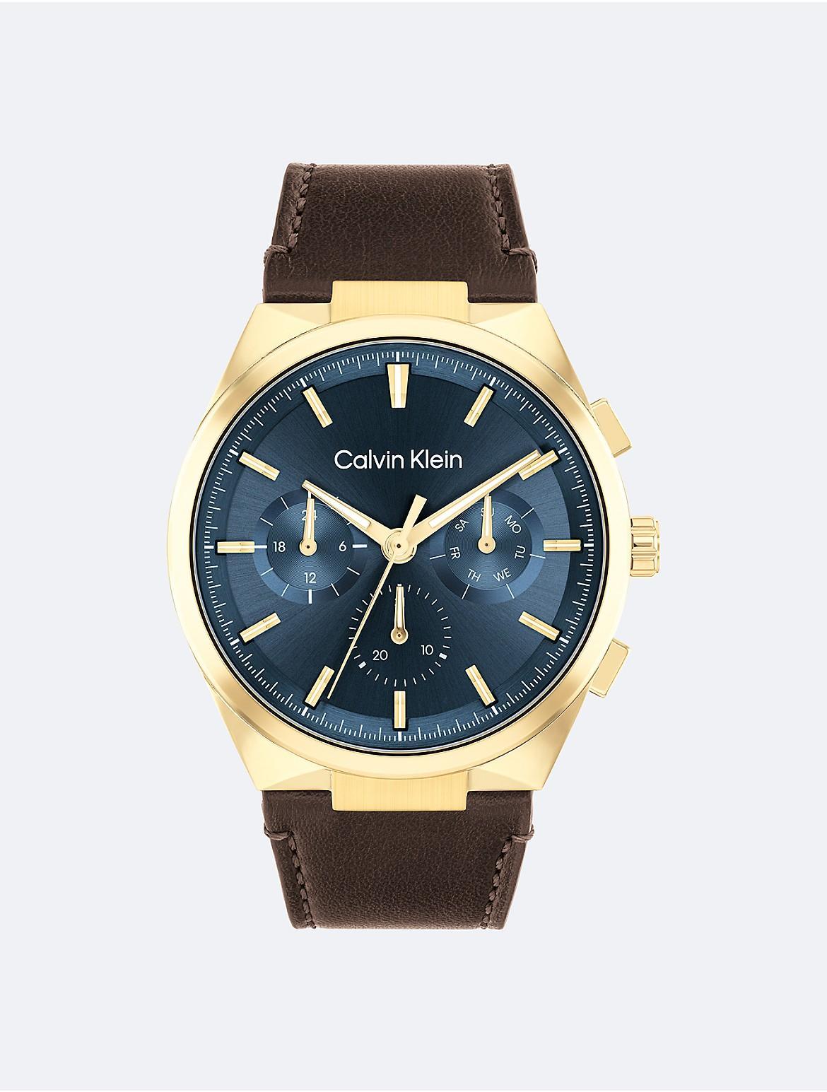 Calvin Klein Mens Distinguish Brown Leather Strap Watch 44mm Product Image
