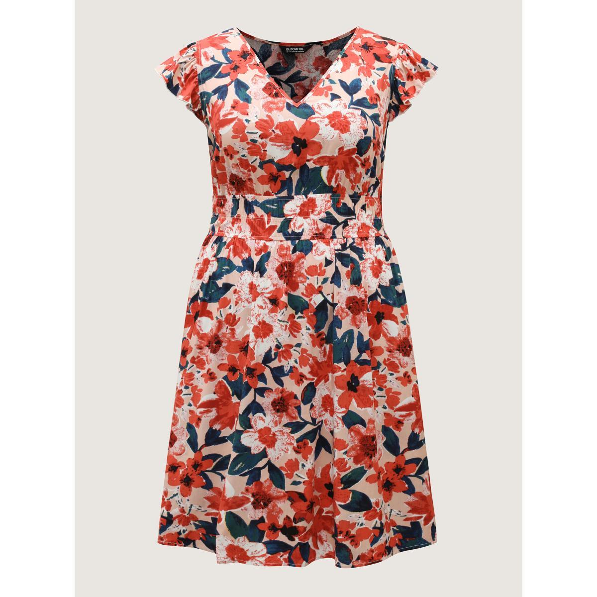 Plus Size Floral Three-Layered Stretchy Waist Midi Dress Coral Women V-neck Cap Sleeve Curvy BloomChic 22-24/3X Product Image