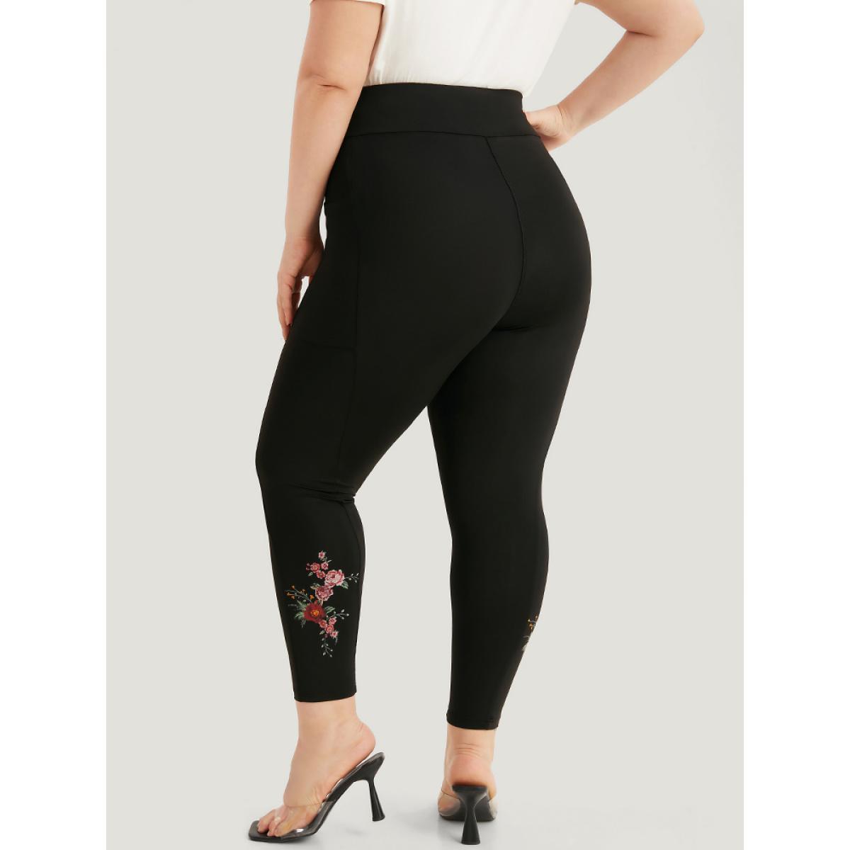 Plus Size Plain Pocket Wideband Waist Floral Print Leggings Women Black Elegant High stretch Skinny High Rise Dailywear Leggings BloomChic 22-24/3X Product Image