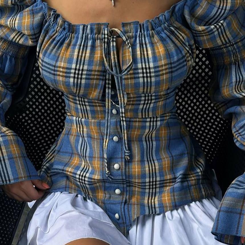 Long-Sleeve Off-Shoulder Plaid Panel Layered Ruffle Tie Front Mini A-Line Dress Product Image