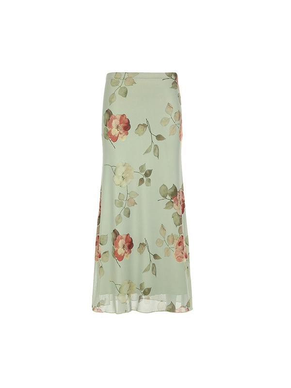 French Small Fresh Floral Print Maxi Skirt Product Image