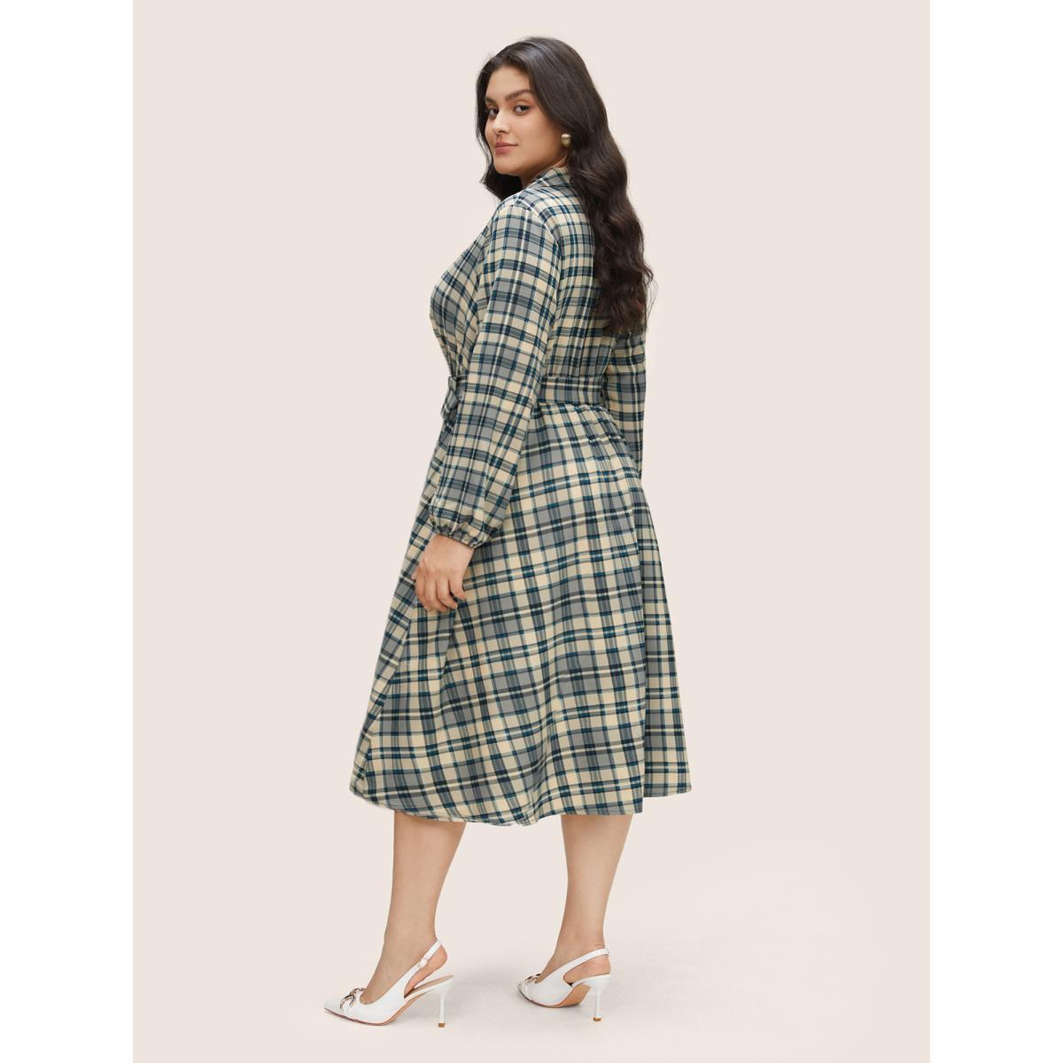 Plus Size Plaid Suit Collar Pocket Belted Dress Stone Women At the Office Non Suit Collar Long Sleeve Curvy Midi Dress BloomChic 10/M Product Image
