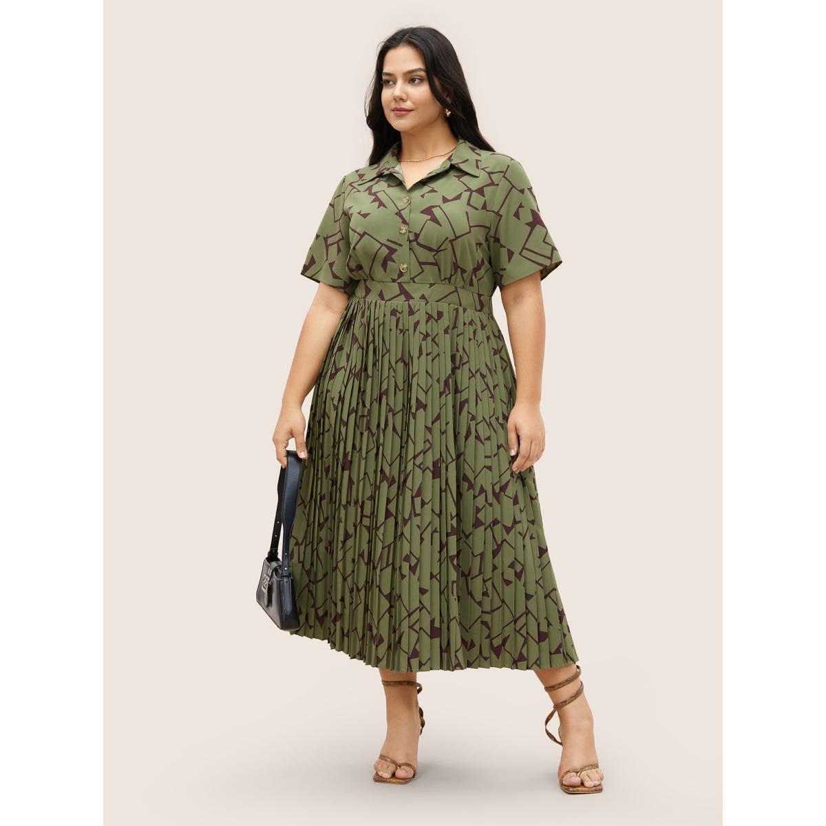 Plus Size Shirt Collar Geometric Button Up Pleated Dress Moss Women At the Office Pleated Shirt collar Short sleeve Curvy Midi Dress BloomChic 14-16/1X Product Image