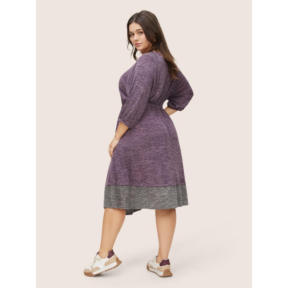 Plus Size Heather Drawstring Pocket Contrast Patchwork Dress Eggplant Women Casual Non Round Neck Elbow-length sleeve Curvy Midi Dress BloomChic 30/6X Product Image