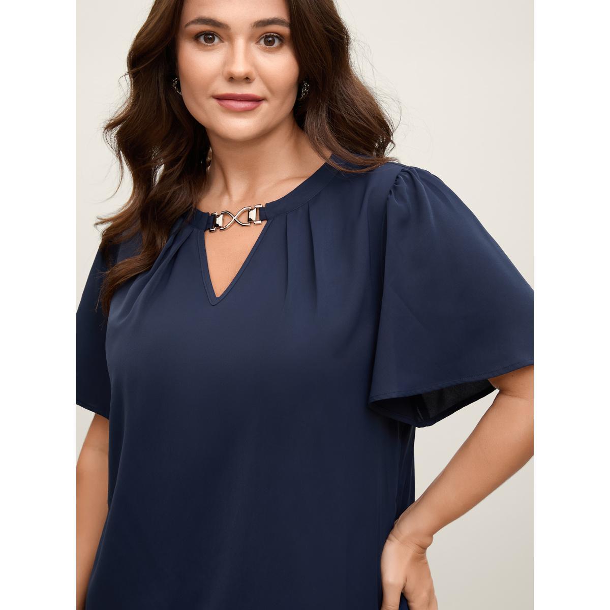 Plus Size DarkBlue Metal Clasp Neckline Lotus Leaf Sleeve Blouse Women Short sleeve Non Work Blouses BloomChic 28/5X Product Image