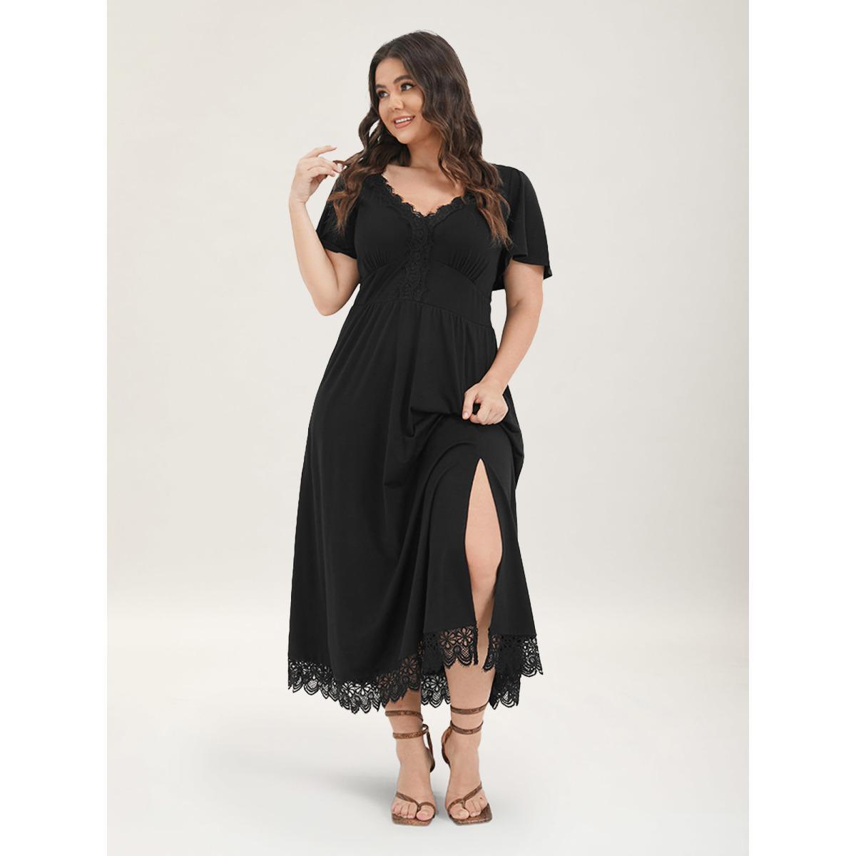 Plus Size Solid Pocket Contrast Lace Split Maxi Dress Black Women Elegant Patchwork V-neck Short sleeve Curvy Long Dress BloomChic 28/5X Product Image