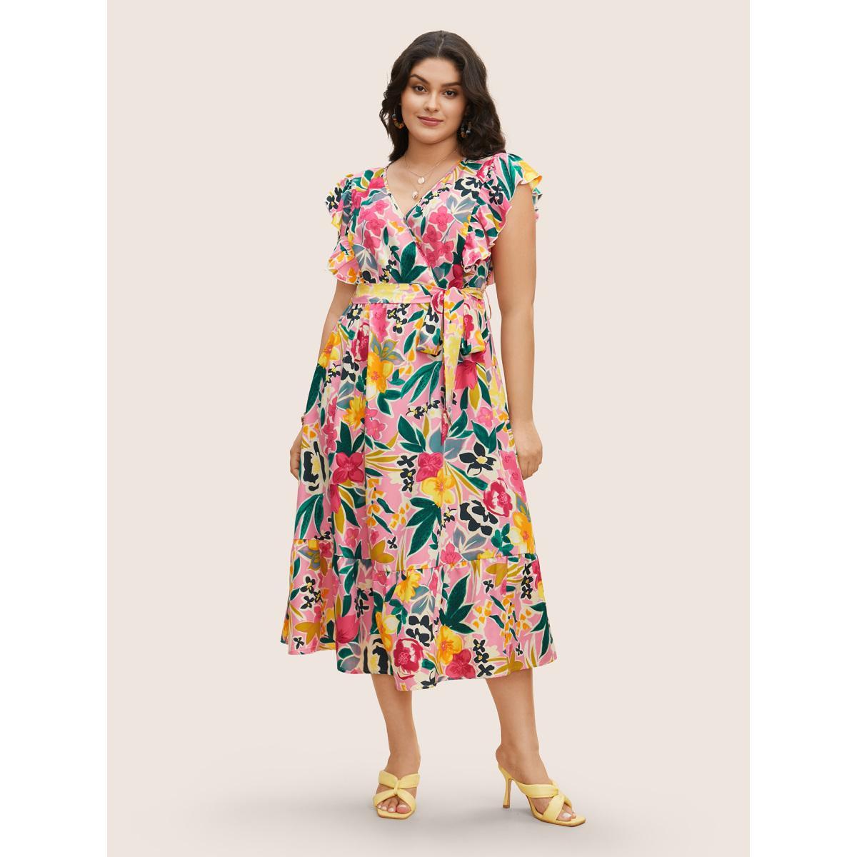 Plus Size Floral Wrap Patchwork Ruffle Cap Sleeve Dress Lightpink Women Resort Belted V-neck Cap Sleeve Curvy BloomChic 22-24/3X Product Image