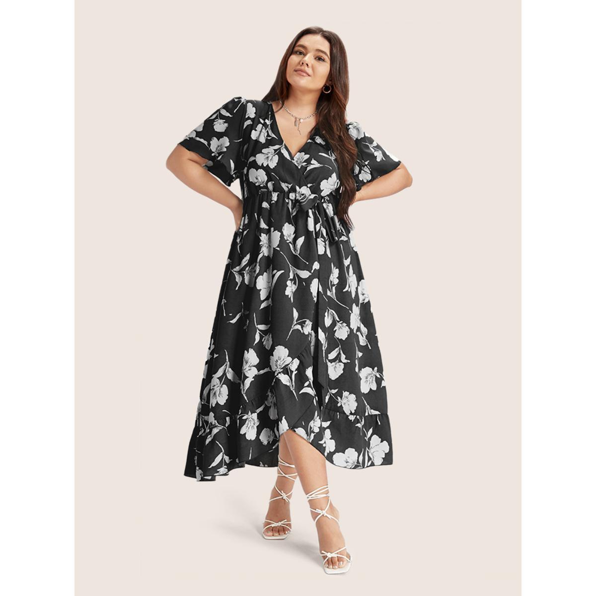 Plus Size Floral Ruffle Knot Side Wrap Dress BlackFlower Women Elegant Ruffles V-neck Short sleeve Curvy Midi Dress BloomChic 12/L Product Image