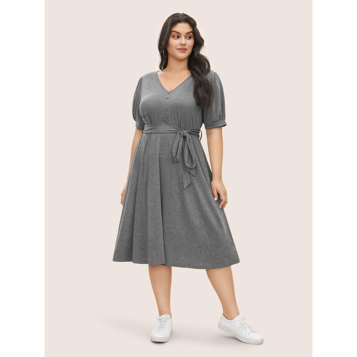 Plus Size Plain Button Detail Lantern Sleeve Belted Dress Gray Women Basics Belted V-neck Short sleeve Curvy Midi Dress BloomChic 28/5X Product Image