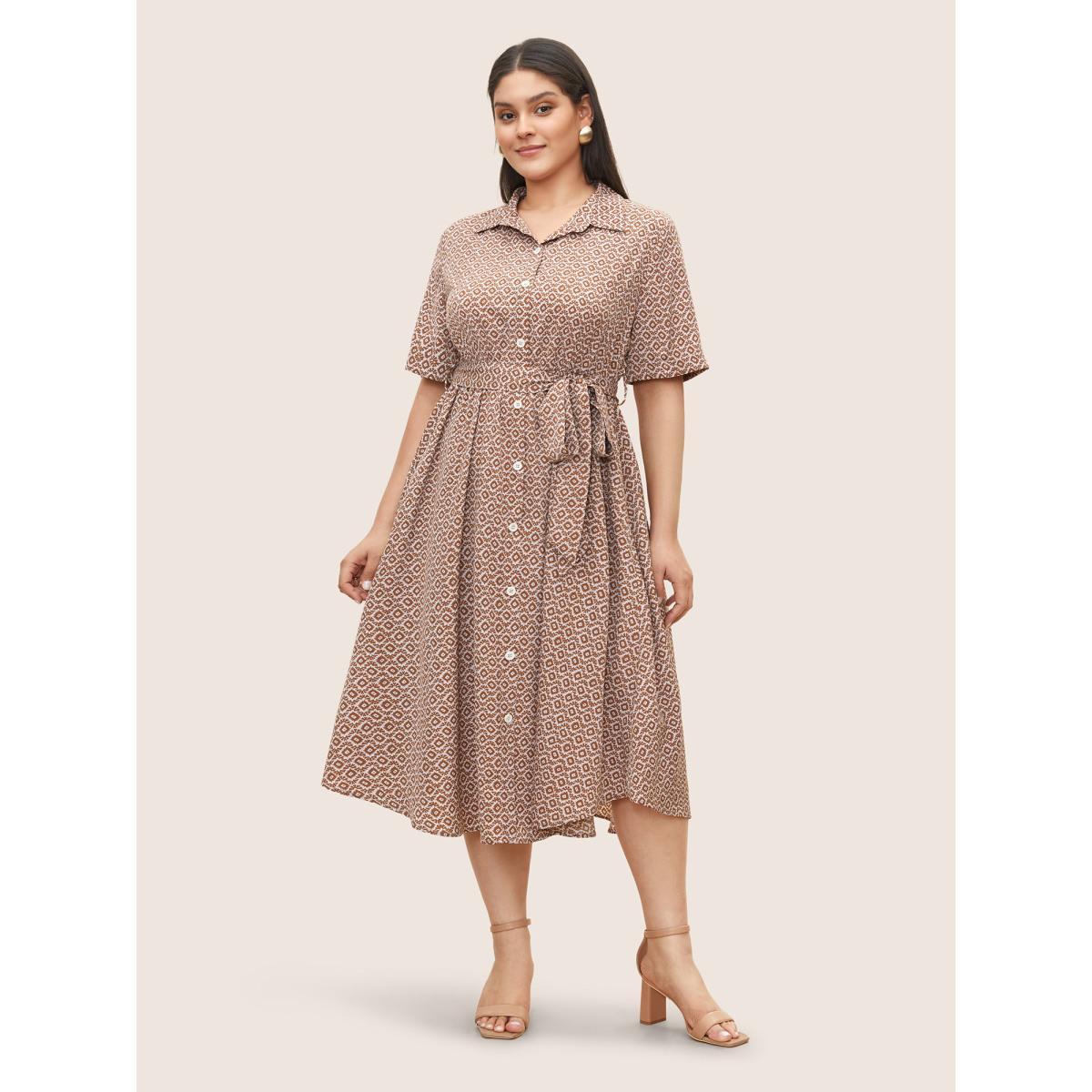 Plus Size Shirt Collar Geometric Roll Sleeve Pleated Dress Rust Women Work From Home Belted Shirt collar Half Sleeve Curvy Midi Dress BloomChic 26/4X Product Image