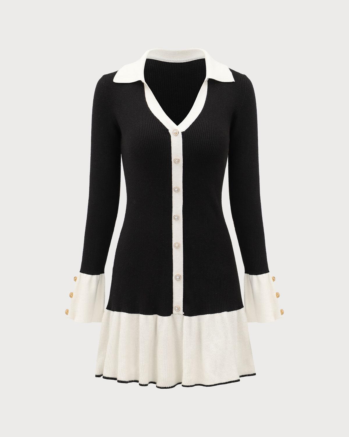 Black Contrasting Bell Sleeve Sweater Dress Product Image