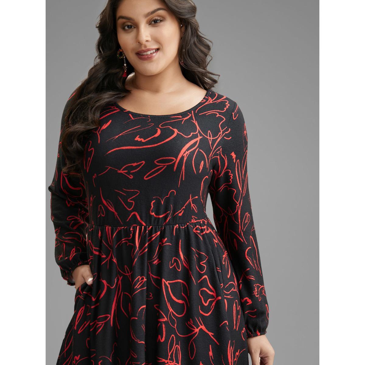 Plus Size Floral Knit Round Neck Midi Dress BlackFlower Women Casual Non Party Curvy Bloomchic 26/4X Product Image