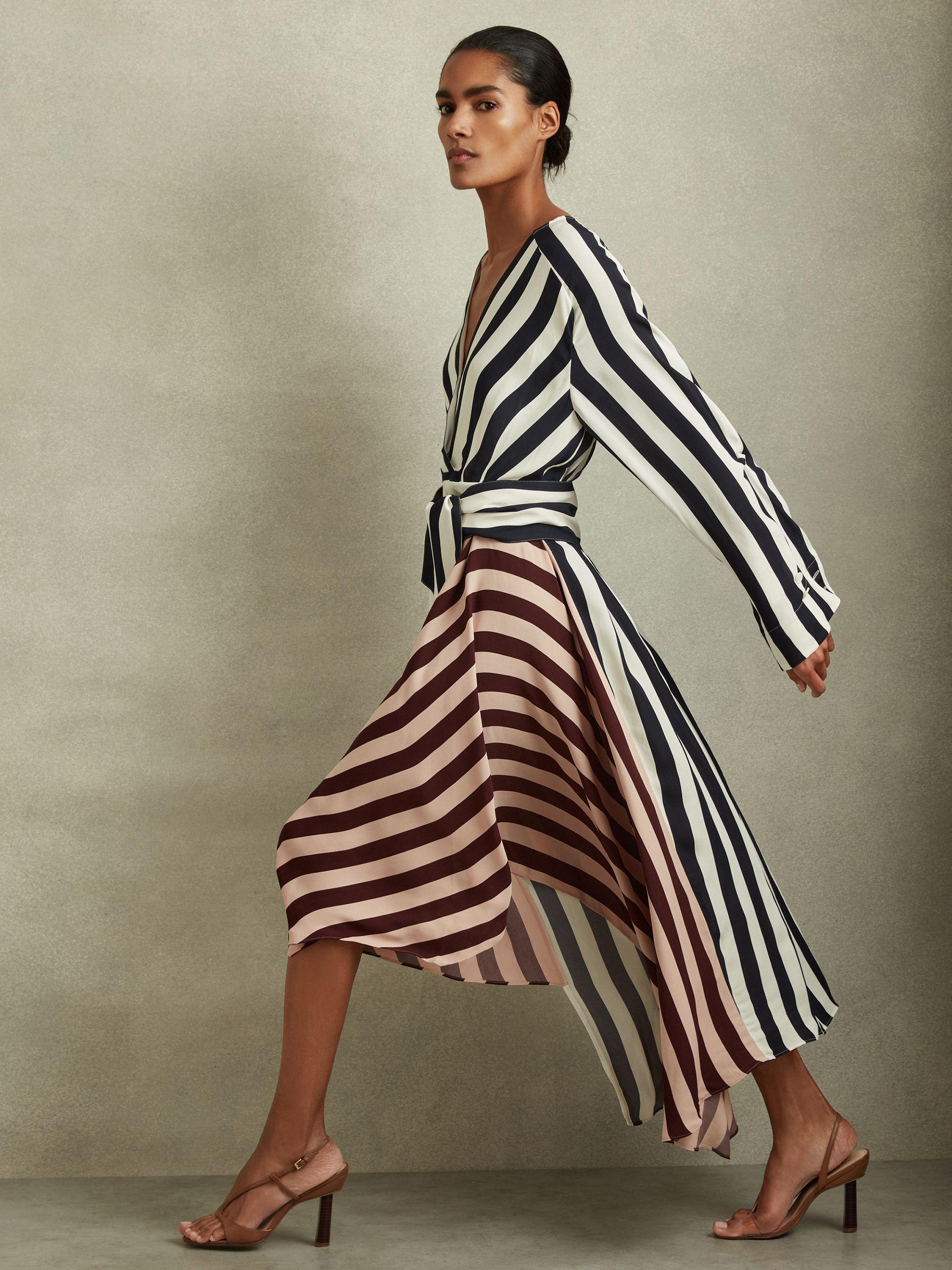 Colourblock Stripe Asymmetric Midi Dress in Navy/Off White Product Image