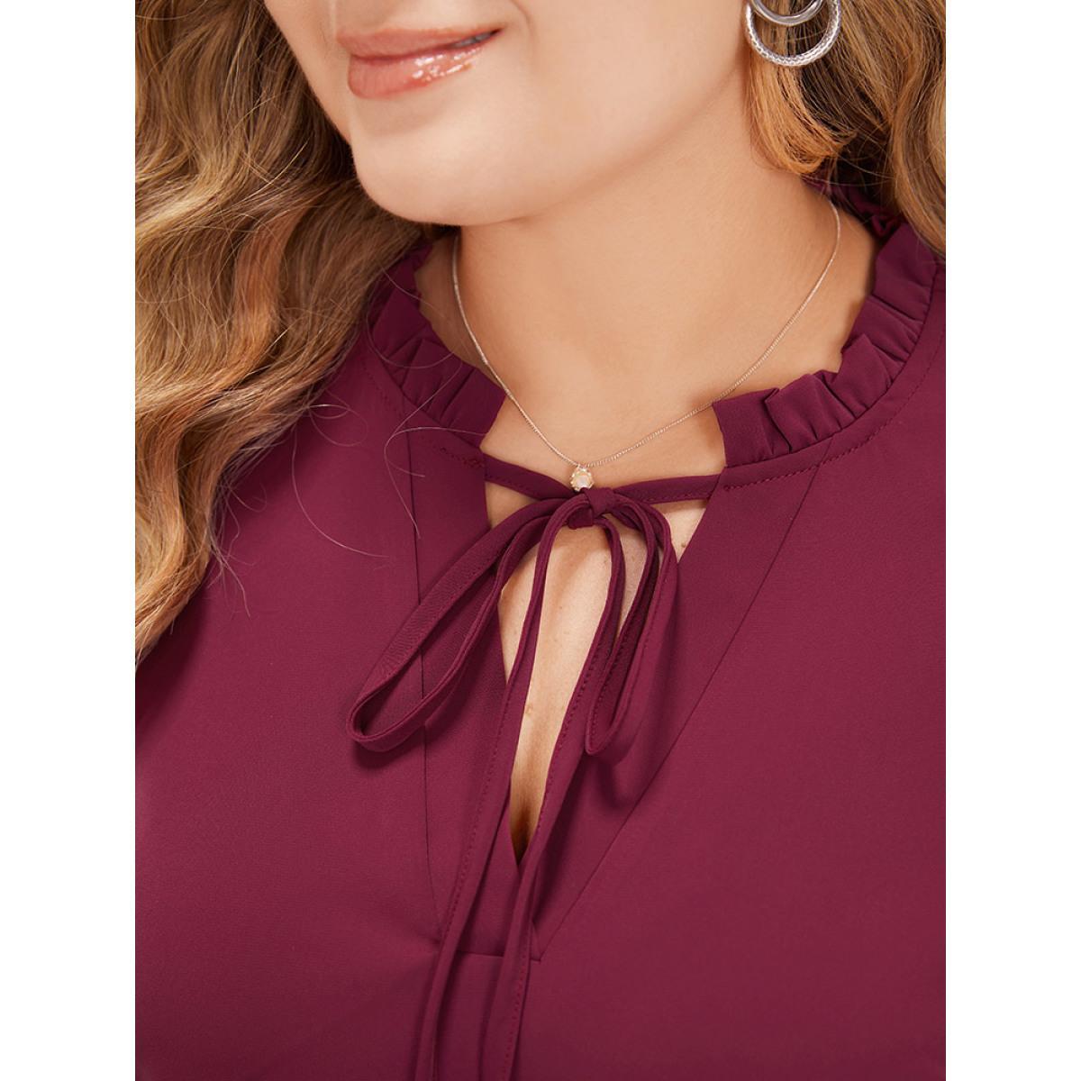 Plus Size Purple Anti-Wrinkle Plain Knot Neck Frill Trim Lantern Sleeve Blouse Women Casual Long Sleeve Tie Neck Everyday Blouses BloomChic 10/M Product Image