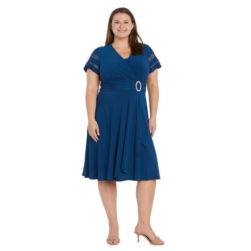 Plus Size R&M Richards Rhinestone Buckled Cascade Wrap Midi Dress, Womens Blue Product Image