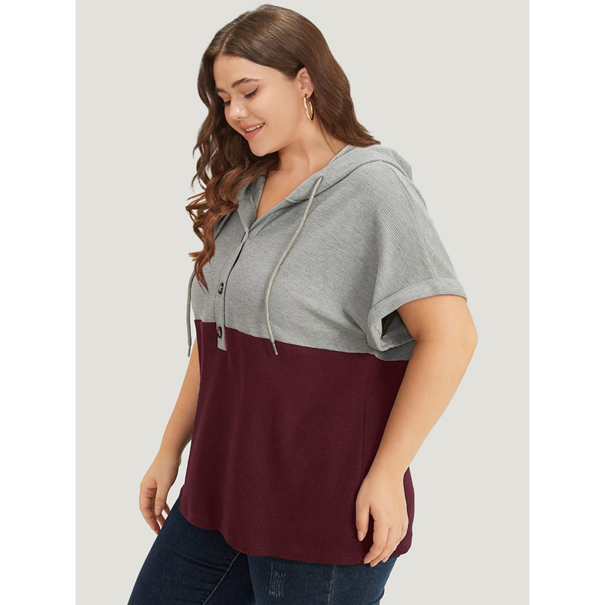 Plus Size Contrast Drawstring Button Up Hooded Roll Dolman Sleeve T-shirt Rust Women Casual Contrast Plain Hooded Dailywear T-shirts BloomChic 28/5X Product Image
