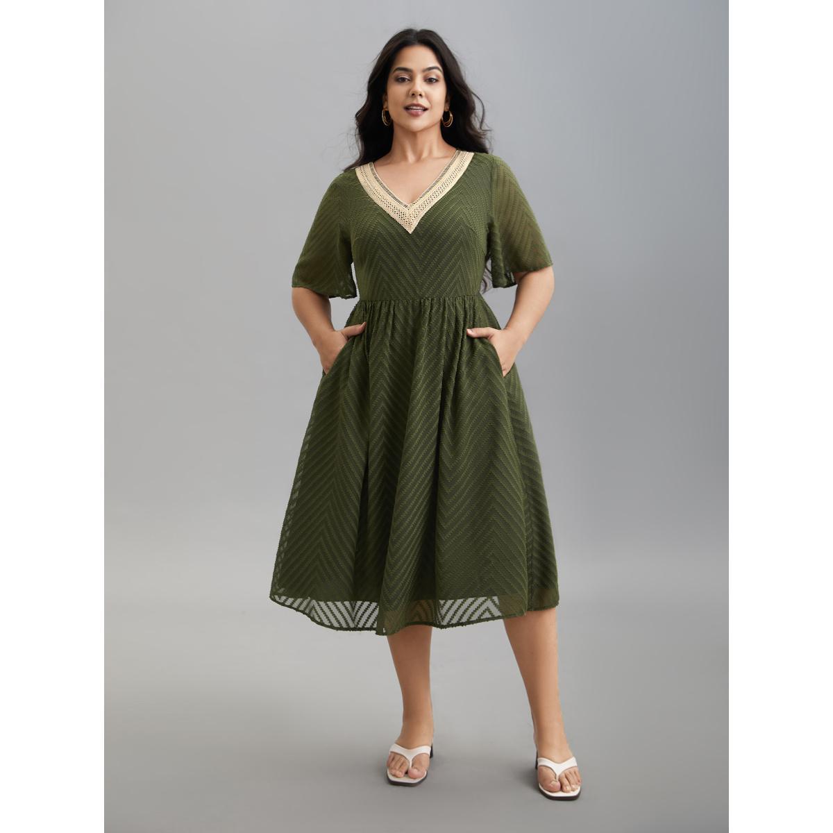 Plus Size Lace V-Neck Chiffon Waist-Cinched Midi Dress ArmyGreen Women Resort Woven ribbon&lace trim V-neck Half Sleeve Curvy BloomChic 14-16/1X Product Image