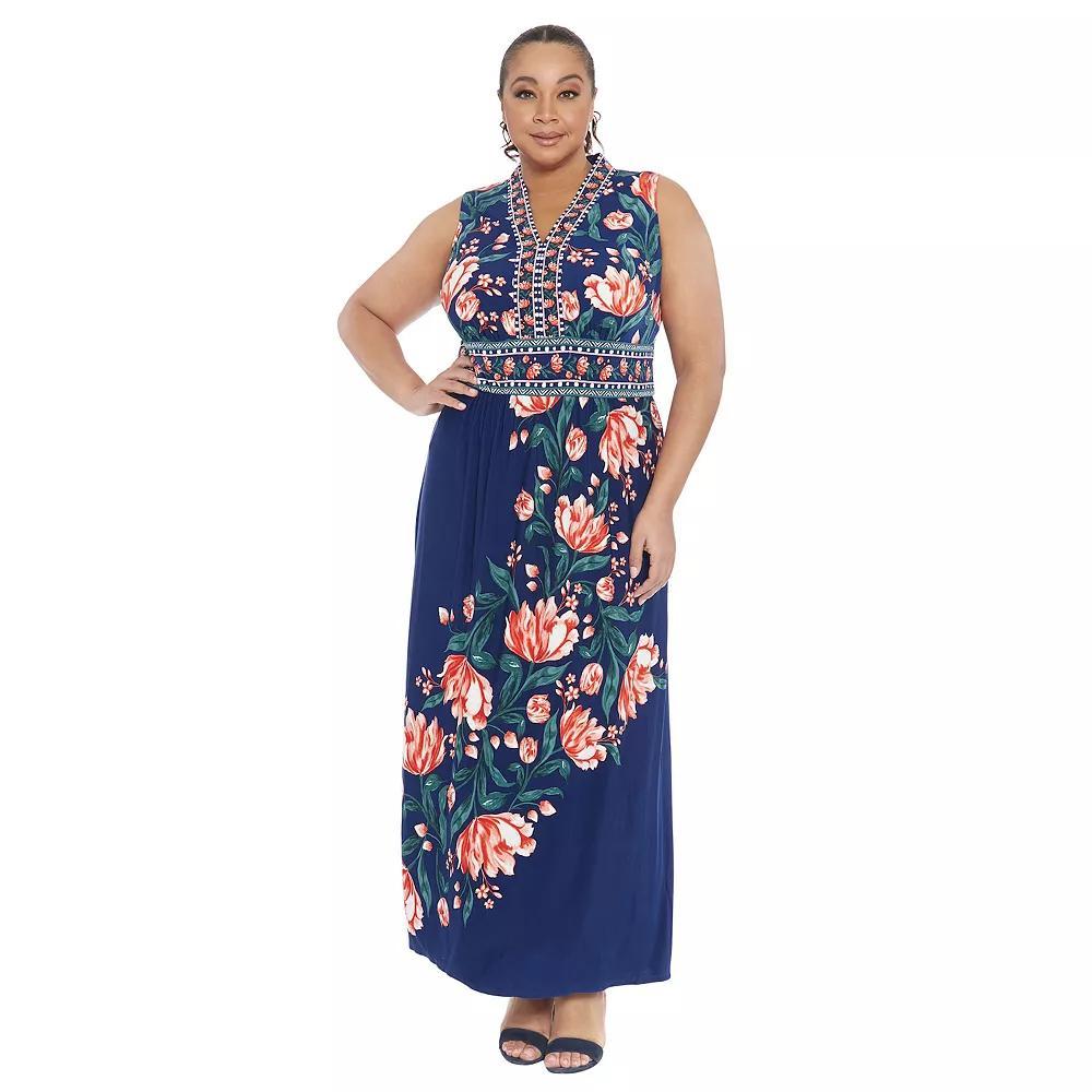 Plus Size London Times V-Neck Sleeveless Maxi Dress, Womens Navy Pink Product Image