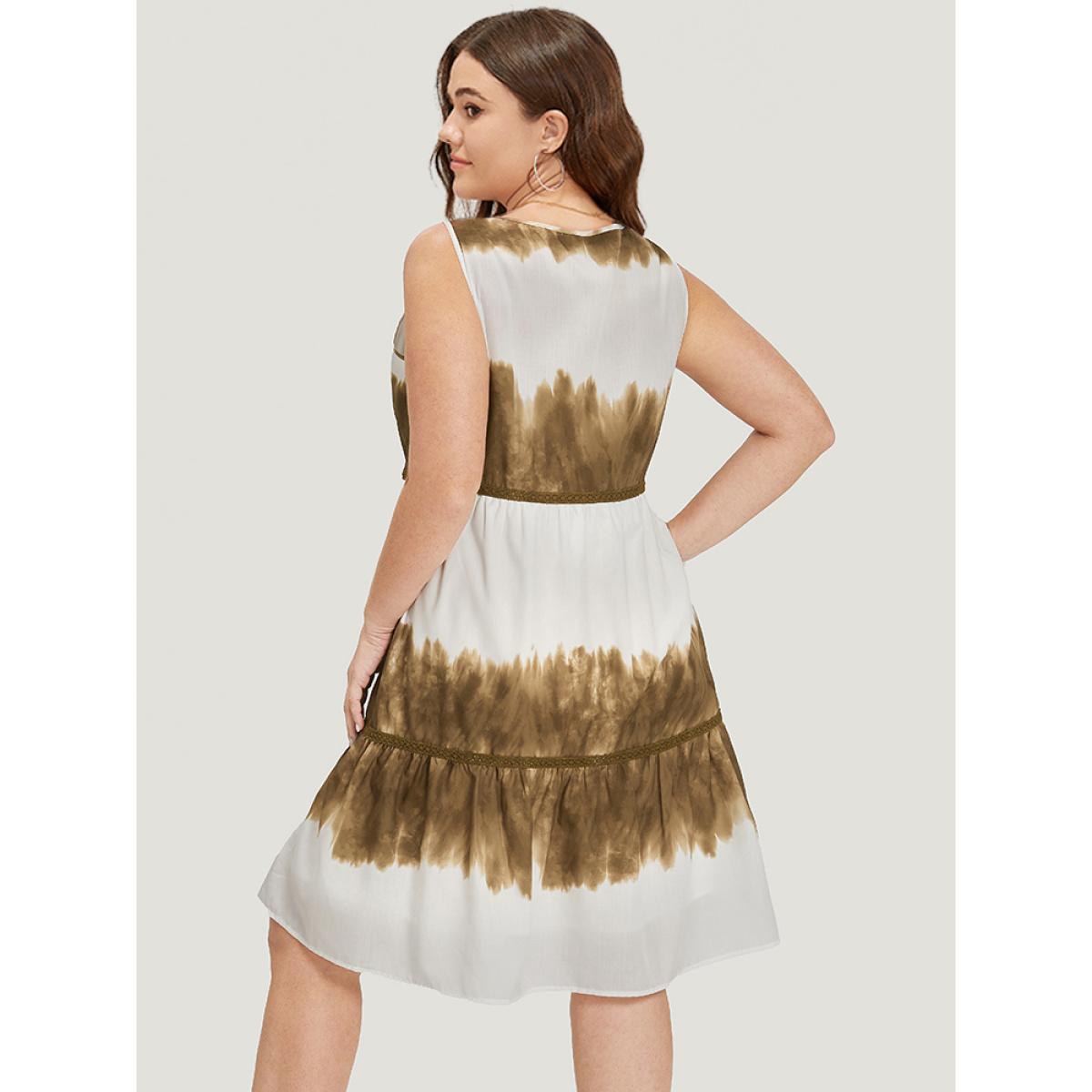 Plus Size Tie Dye Crochet Lace Ruffle Layered Hem Tank Dress Tan Women Elegant Patchwork Round Neck Sleeveless Curvy Knee Dress BloomChic 10/M Product Image
