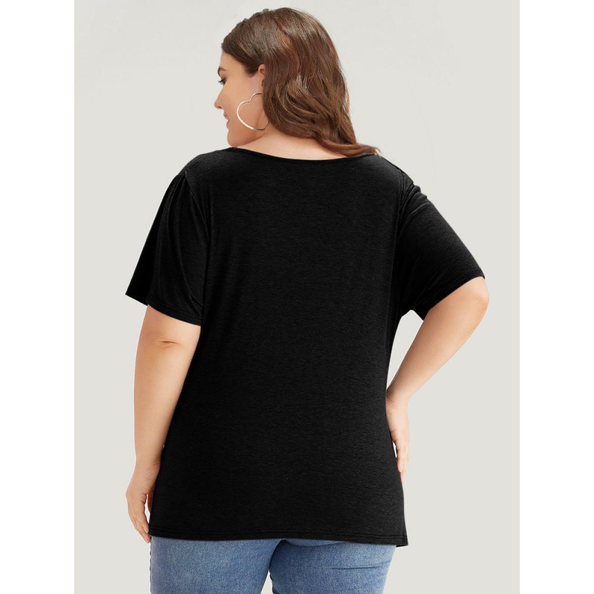Plus Size Solid Heather Cowl Neck Flutter Sleeve T-shirt Black Women Elegant Plain Plain Cowl Neck Dailywear T-shirts BloomChic 10/M Product Image