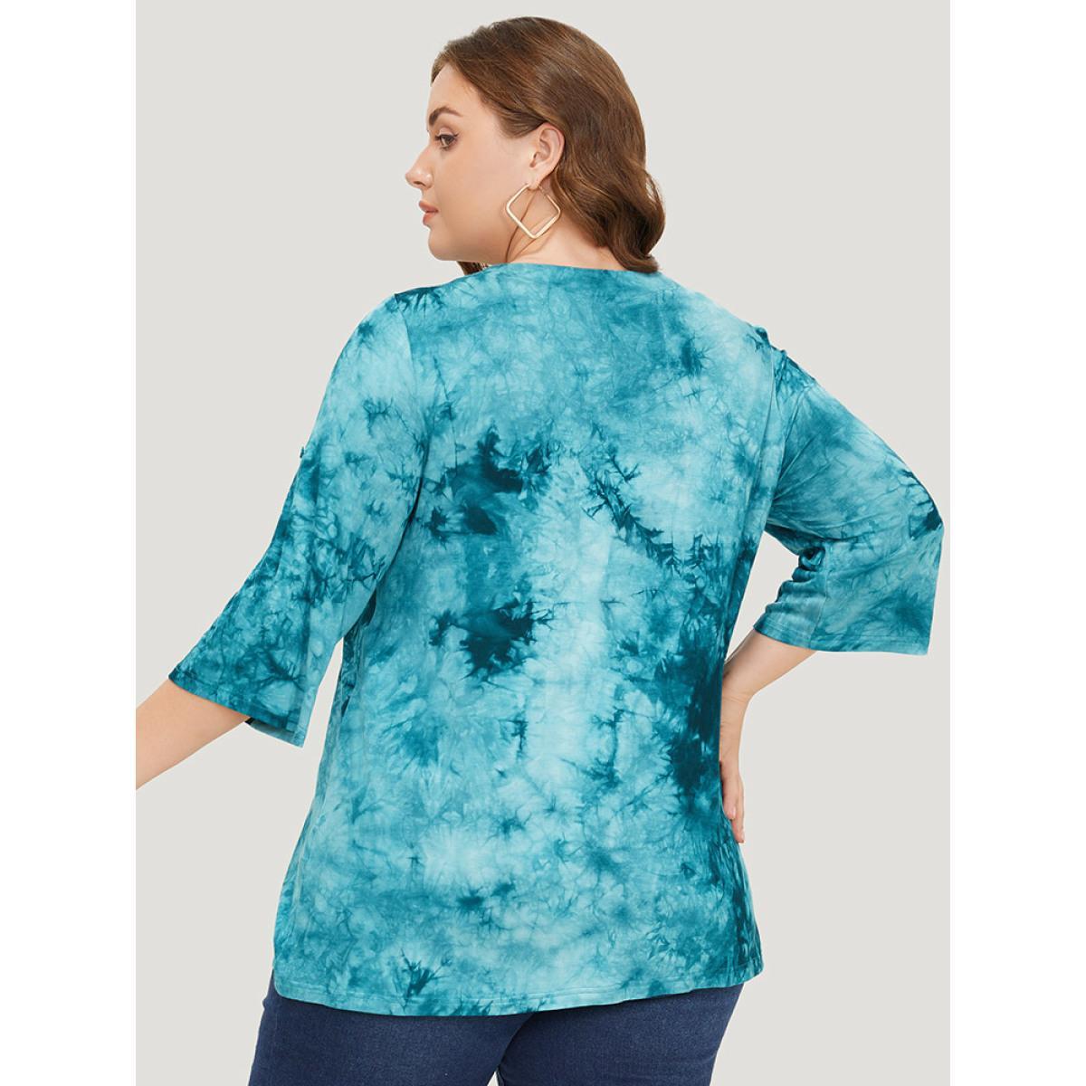 Plus Size Tie Dye Roll Sleeve Lace Up T-shirt Cerulean Women Casual Tie Dye V-neck Dailywear T-shirts BloomChic 26/4X Product Image