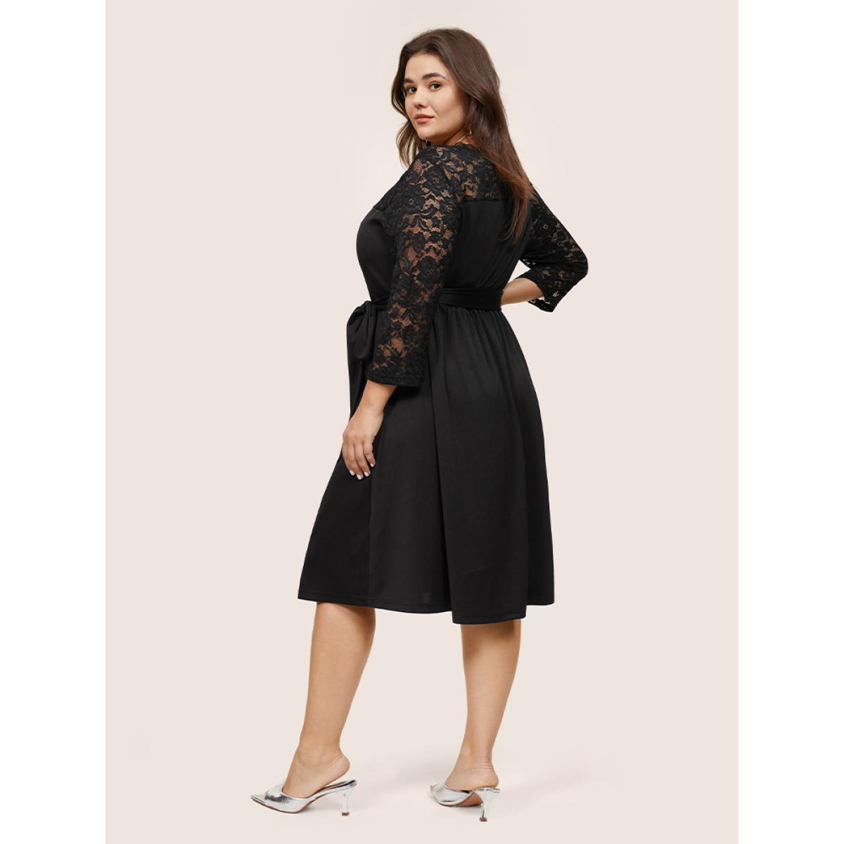 Plus Size Plain Crochet Lace Mesh Pocket Belted Dress Black Women Cocktail See through Round Neck Long Sleeve Curvy Midi Dress BloomChic 10/M Product Image