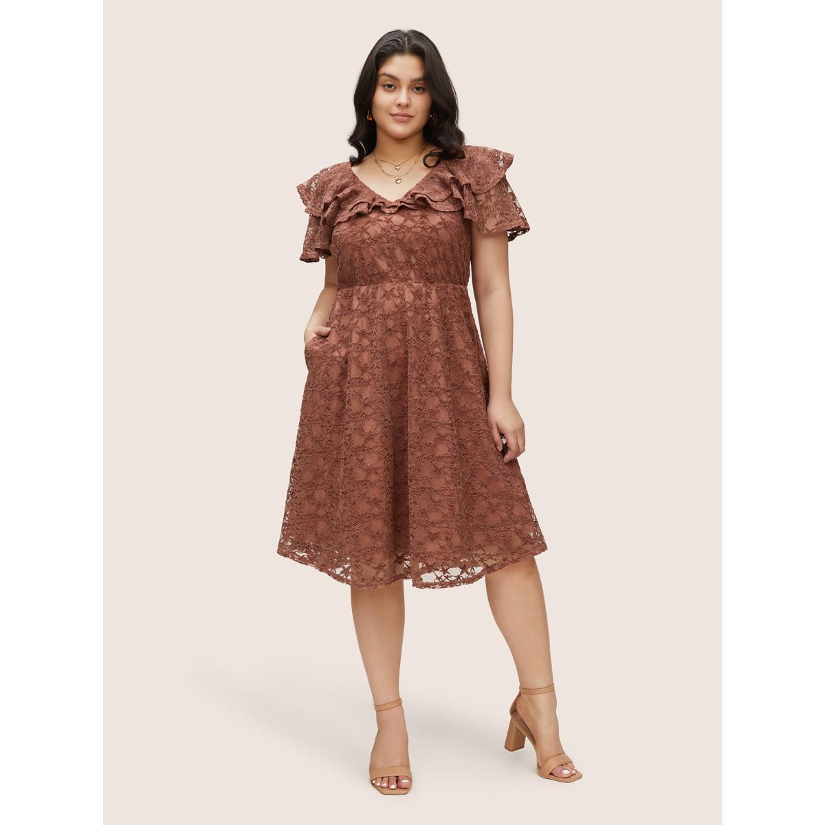 Plus Size Crochet Lace Mesh Tiered Ruffle Trim Dress Burgundy Women Elegant Texture V-neck Sleeveless Curvy Midi Dress BloomChic 26/4X Product Image