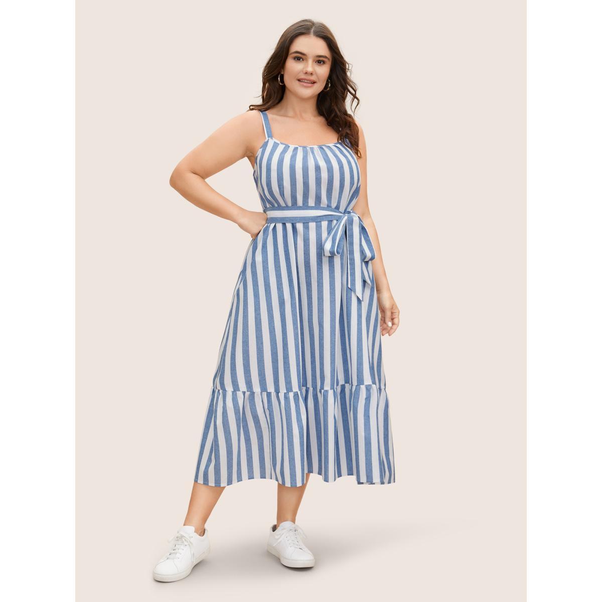 Plus Size Striped Linen Blend Ruffle Layered Hem Dress LightBlue Women Casual Belted Square Neck Sleeveless Curvy BloomChic 12/L Product Image
