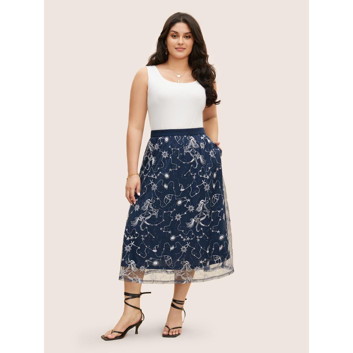 Plus Size Star Embroidered Patchwork Mesh Pocket Skirt Women DarkBlue Resort See through Loose No stretch Slanted pocket Vacation Skirts BloomChic 28/5X Product Image