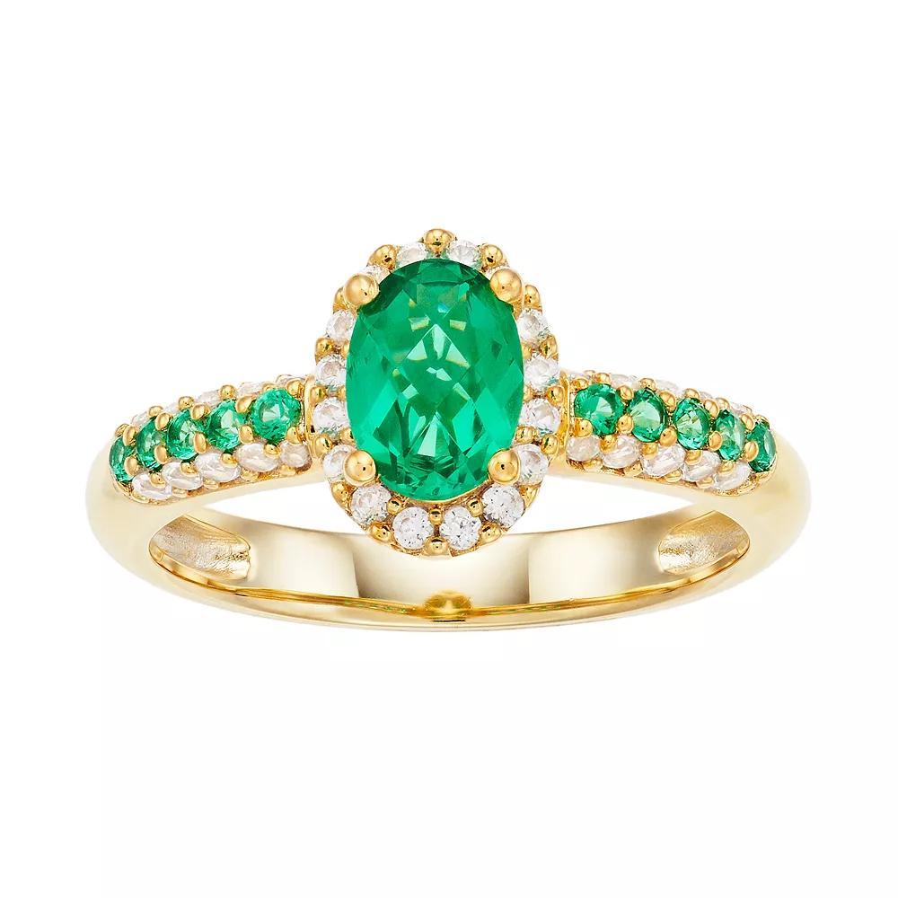 14K Gold Over Silver Lab Created Emerald Lab Created White Sapphire Oval Halo Ring, Women's, Size: 7, Gold Tone Product Image
