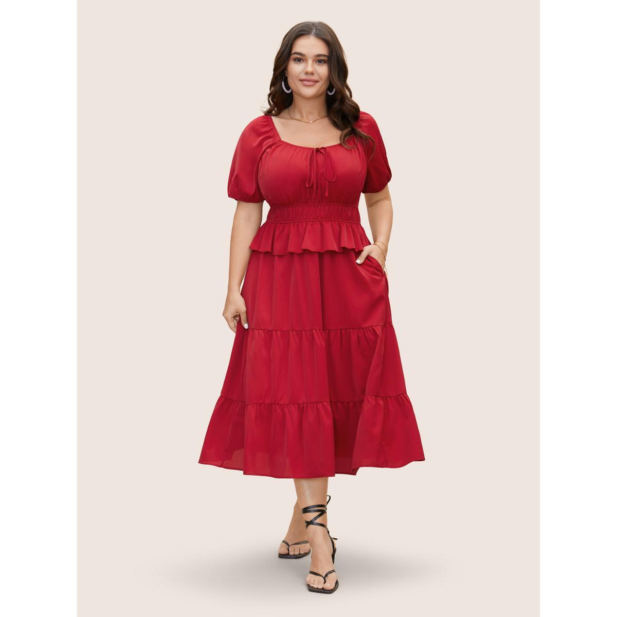 Plus Size Heart Neckline Bowknot Ruffle Trim Midi Dress Crimson Women Elegant Tie knot Heart neckline Short sleeve Curvy BloomChic 14-16/1X Product Image