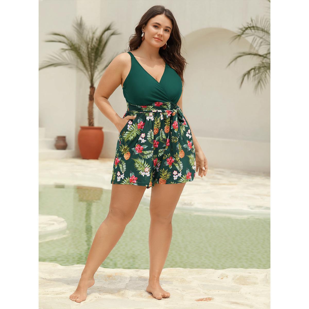 Plus Size Tropical Floral Pockets One-Piece Swimsuit Women's Swimwear DarkGreen Beach Tie knot Curve Bathing Suits High stretch One Pieces BloomChic 28/5X Product Image