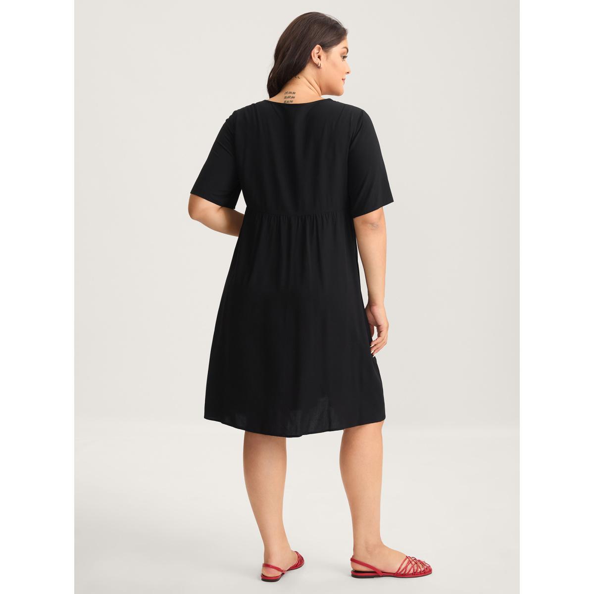 Plus Size Rayon Floral Embroidery Midi Dress Black Women V-neck Half Sleeve Curvy BloomChic 14-16/1X Product Image