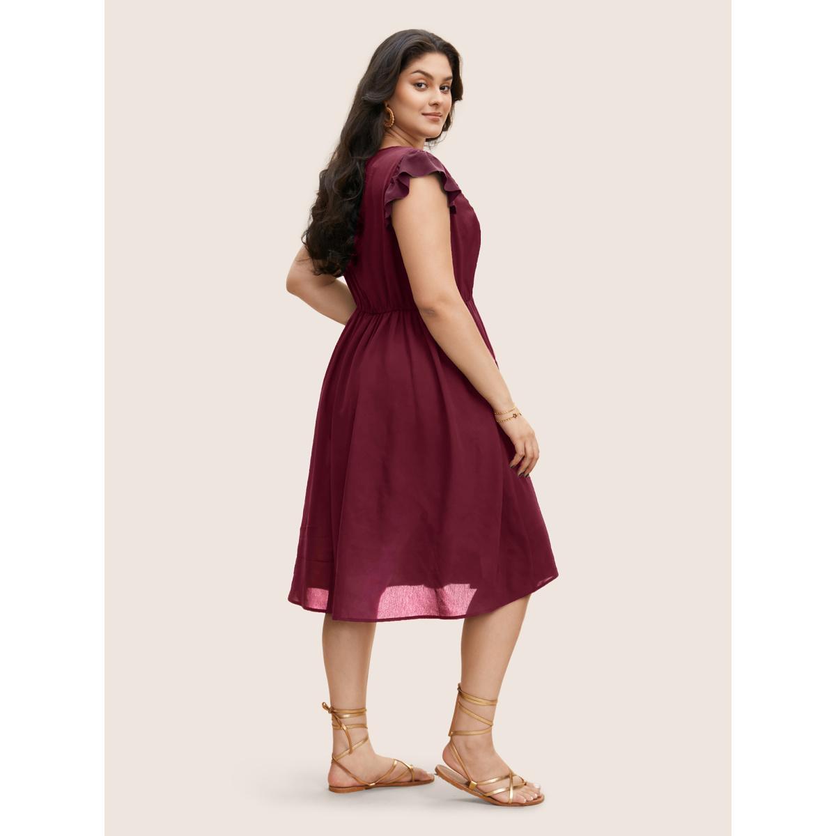 Plus Size Floral Embroidered V Neck Ruffle Cap Sleeve Dress RedViolet Women Resort Embroidered V-neck Cap Sleeve Curvy BloomChic 22-24/3X Product Image