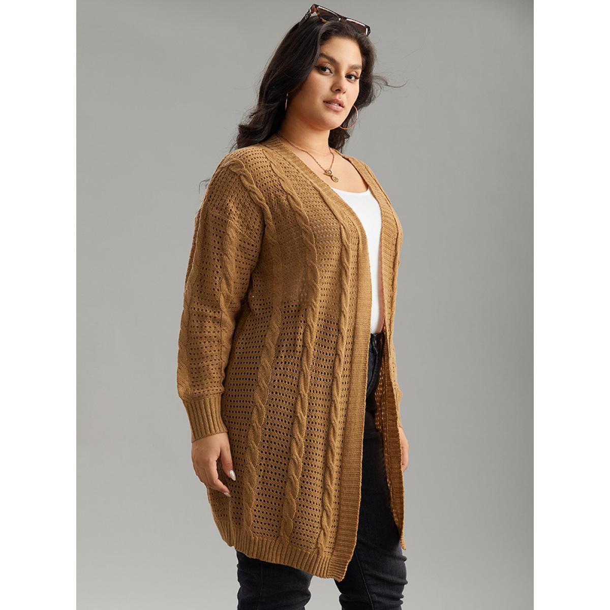 Plus Size Plain Cable Knit Elastic Cuffs Cardigan Bronze Women Casual Loose Long Sleeve Dailywear Cardigans BloomChic 14-16/1X Product Image