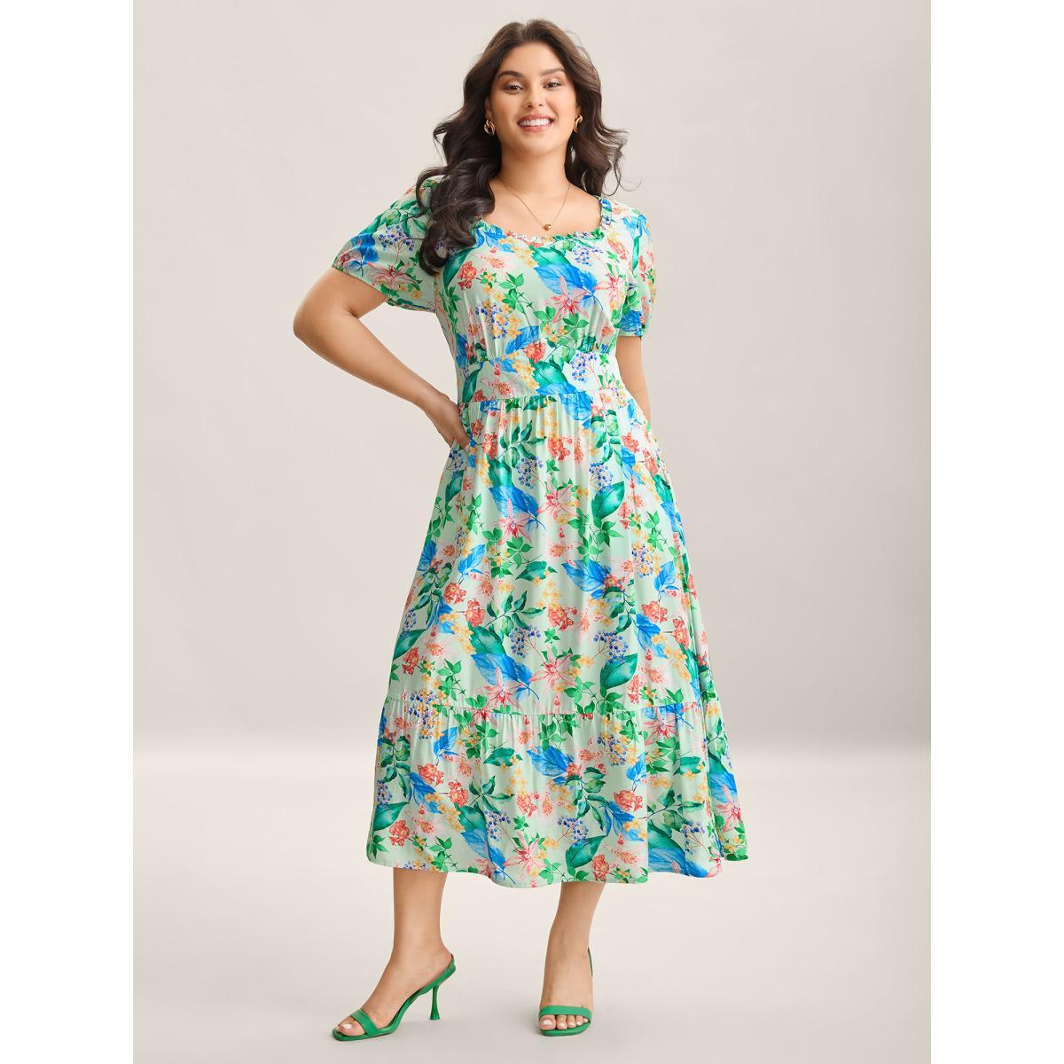 Plus Size Spring Flowers Printed Pockets Midi Dress Truegreen Women Heart neckline Short sleeve Curvy BloomChic 28/5X Product Image